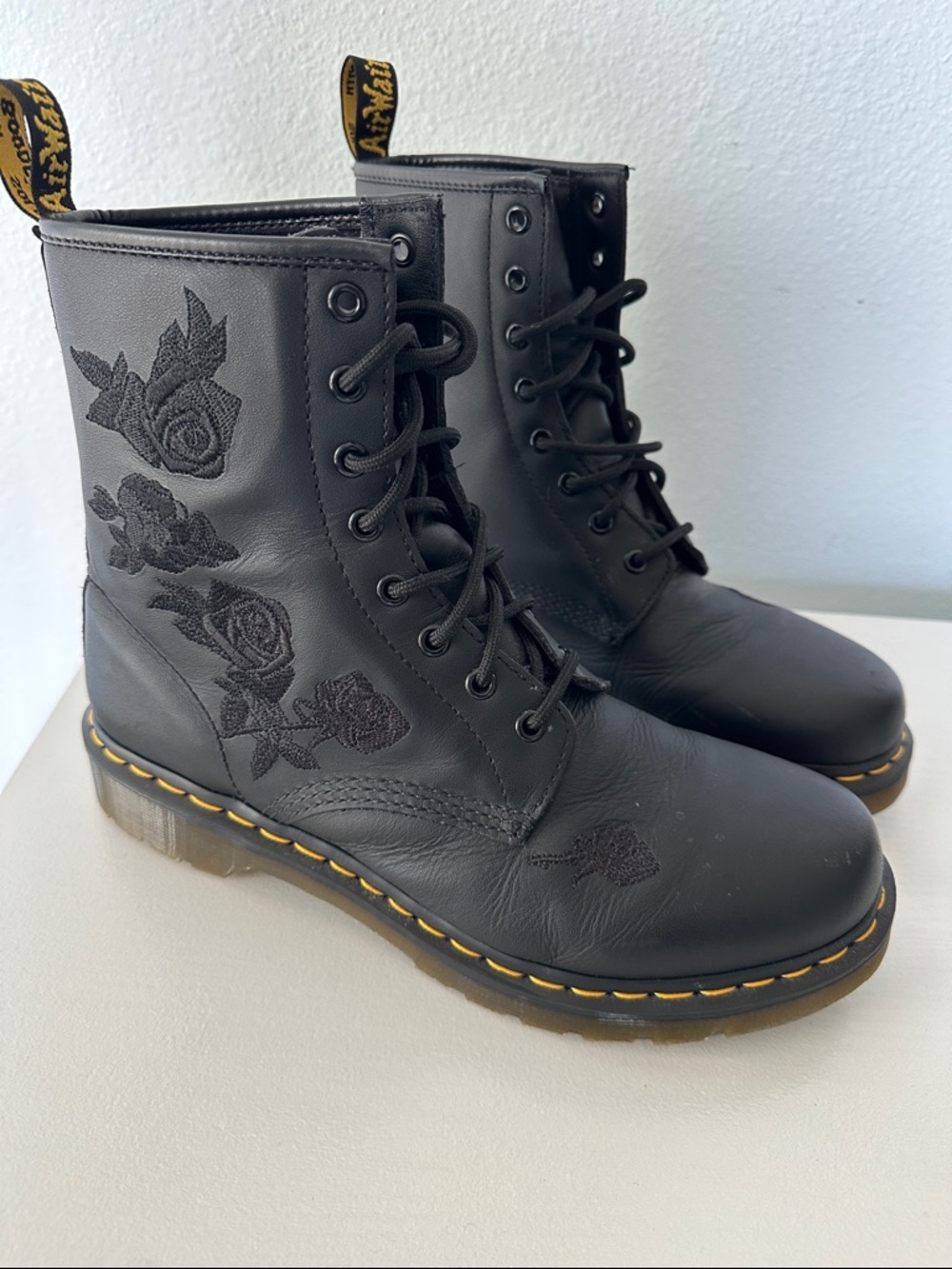 Dr. Martens Black Leather Floral Embroidered Lace-Up Boots | Women’s 11